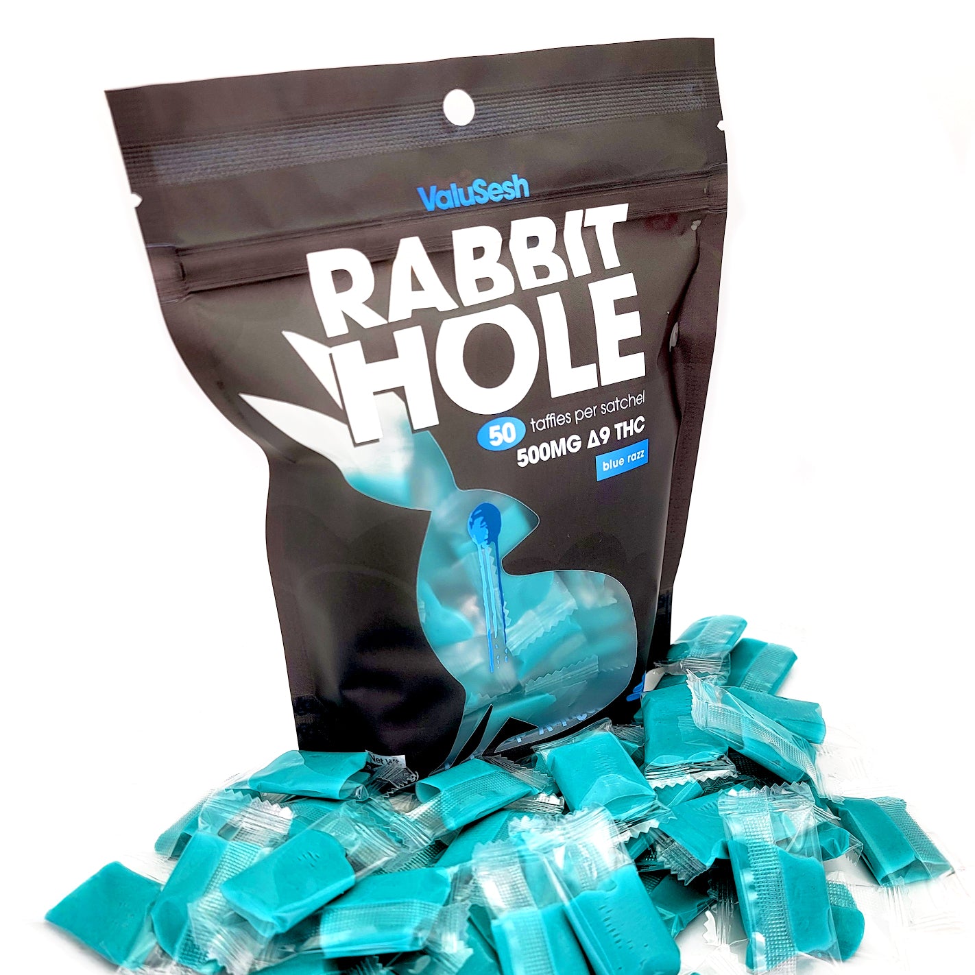 Blue Raspberry Rabbit Hole Delta-9 Taffies 500mg (50ct 10mg)